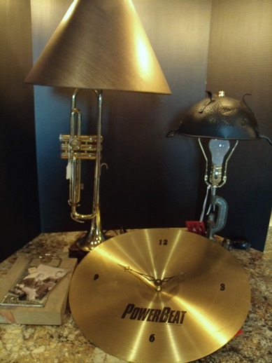 Trumpet Lamp, Colander & Meat Grinder Lamp, Cymbal Clock, Cheese Grater and wood photo hanger